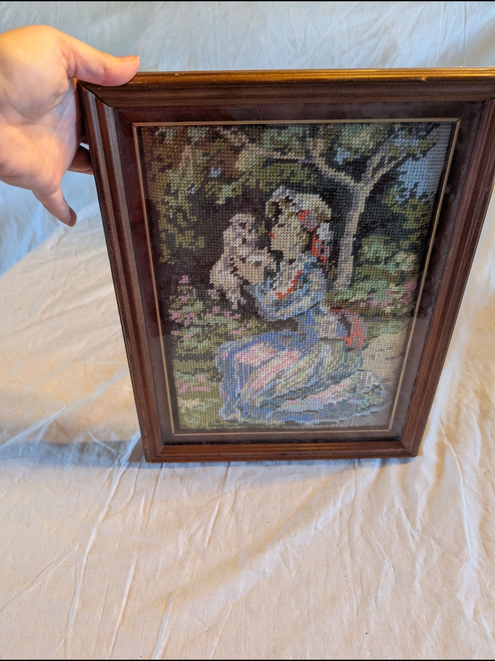 2/60$ Vintage Framed Cross Stitch Woman with Puppy - Blue, Brown, Green
